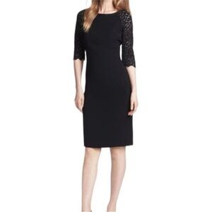 Lafayette 148 Elegant Black Sheath Dress with Leather Trim & Crochet Lace Sleeve